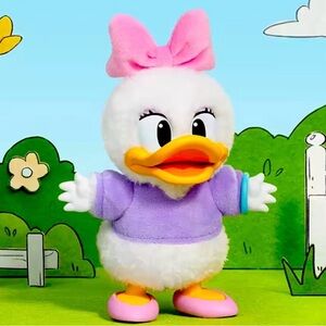 Plush Duck Toy with Pink Bow and Purple Outfit